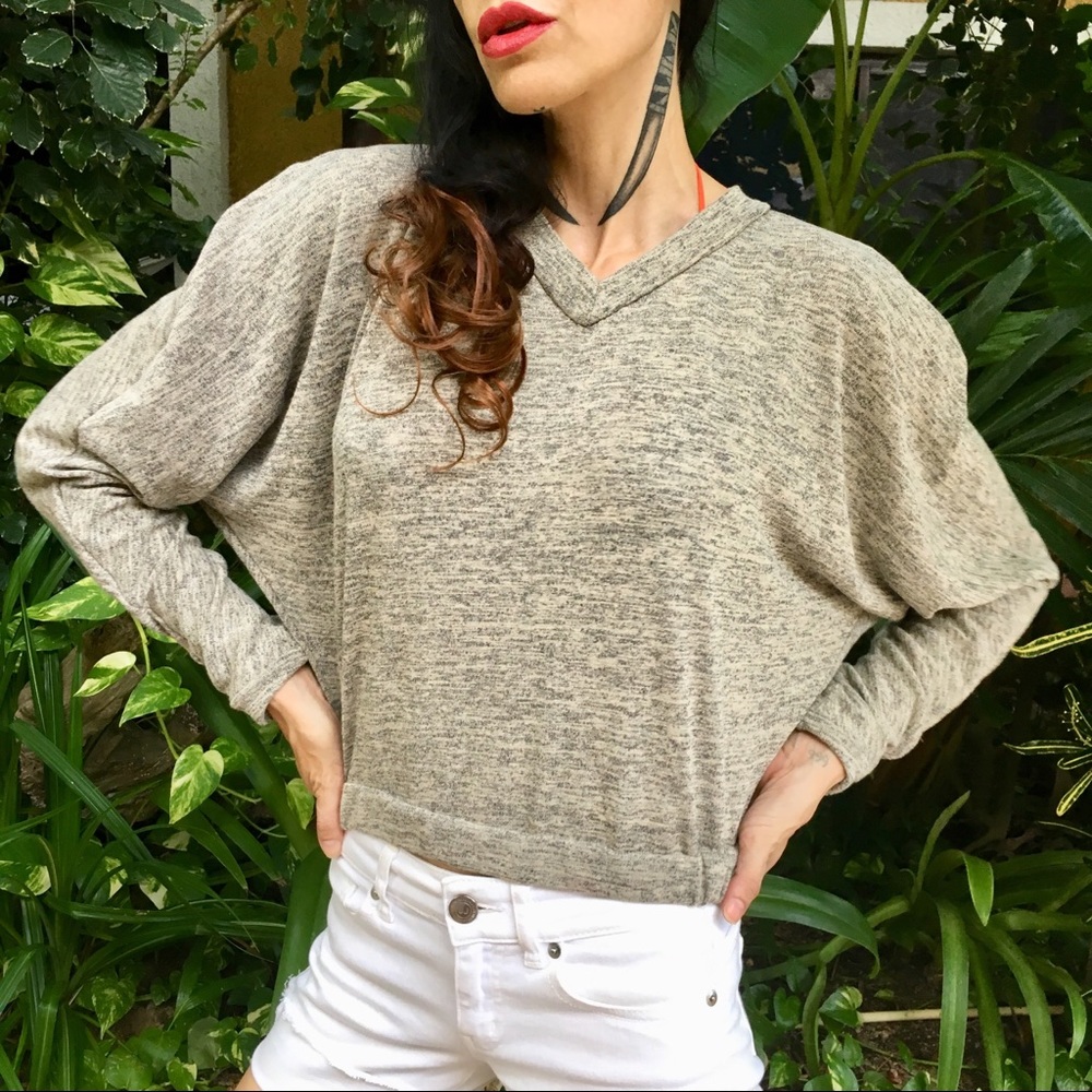 Silk Cotton Jersey Gray V-Neck top Bat Sleeves S